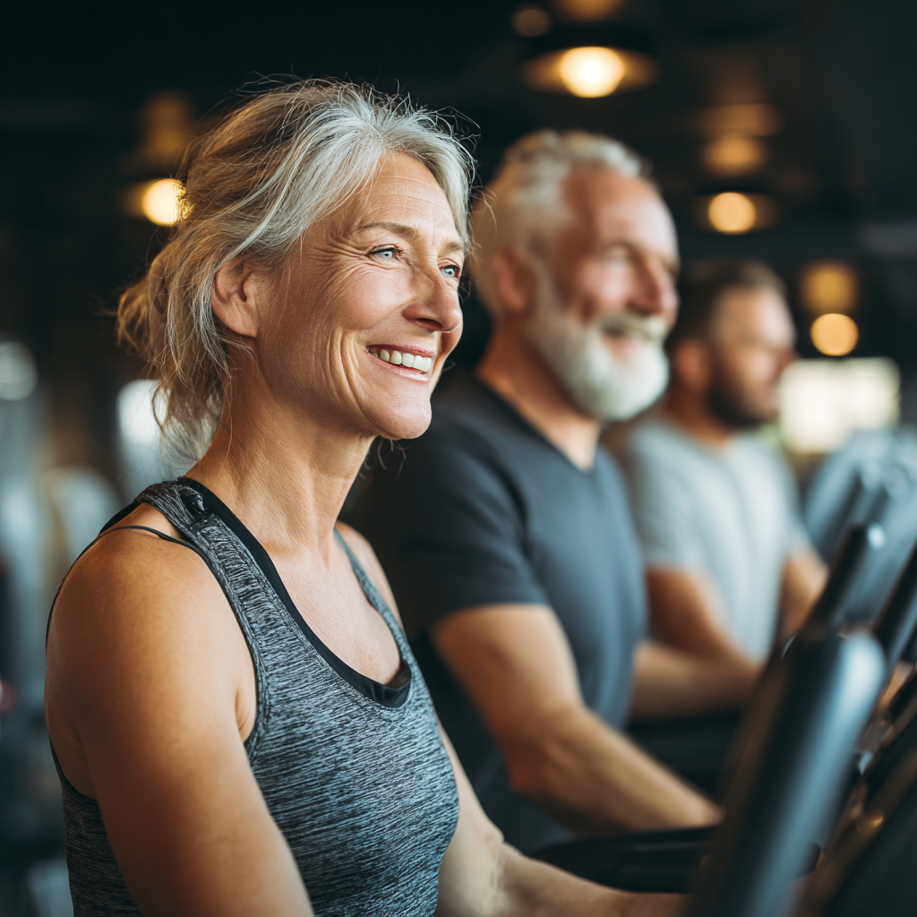 Възрастни българи от различни възрасти правят разтягане и йога на открито, усмихнати и демонстриращи гъвкавост и благополучие